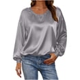 thumbnail image 3 of TaTaai 2026 Fall Women’s V Neck Satin Tee Long Sleeve Loose Blouse Casual Solid Color Fashion Top Silky Polyester Daily Shirt Gift, 3 of 6