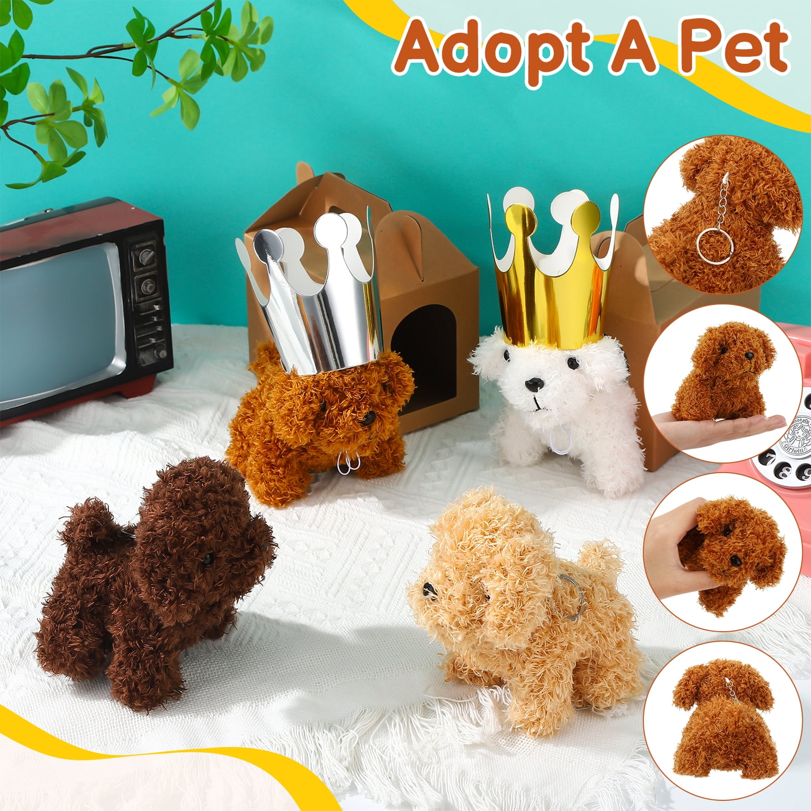 KABOER 100 Pcs Adopt A Puppy Party Favor Set, Mini Stuffed Animals Toy, Includes 20 Pcs Small Plush Dogs, Birthday Hats, Paper Boxes, Stickers and Adopt Cards for Party Supplies