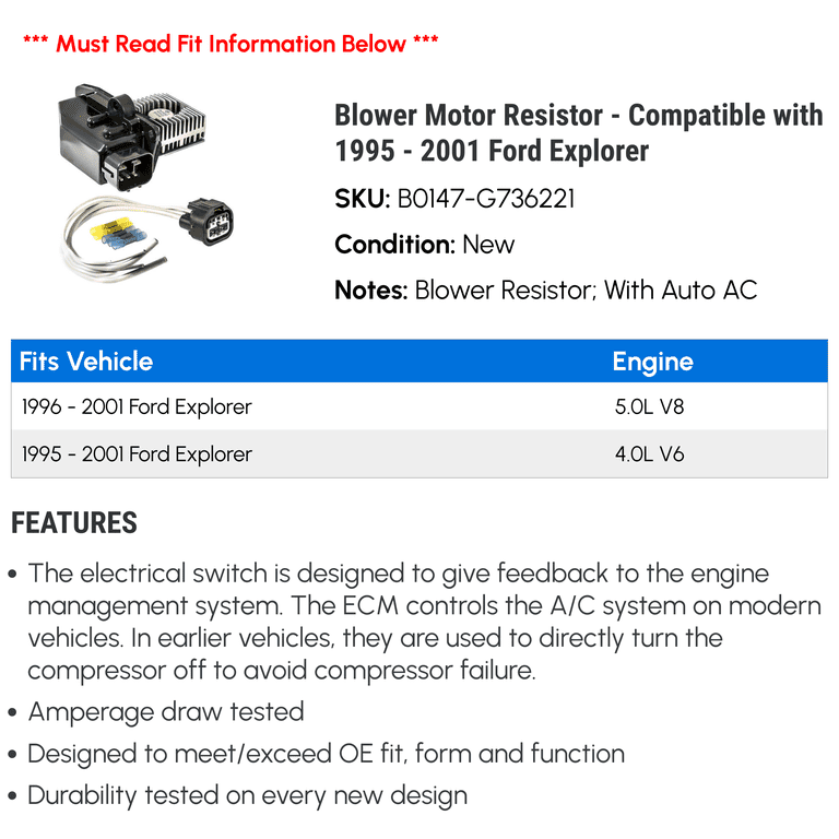 Blower Motors For Ford Explorer Front HVAC Blower Motor Resistor For ...