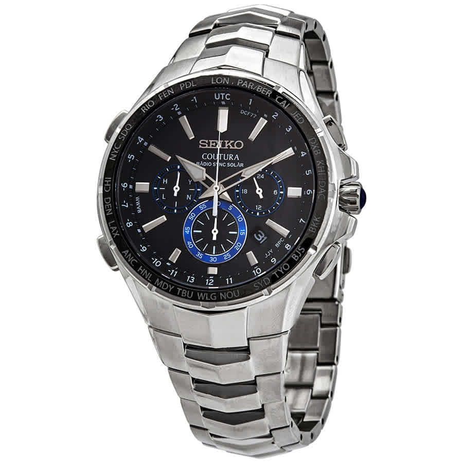 Seiko Men's SSG009 Coutura Radio Sync Solar Black Dial Steel Bracelet  Chronograph World time Watch 