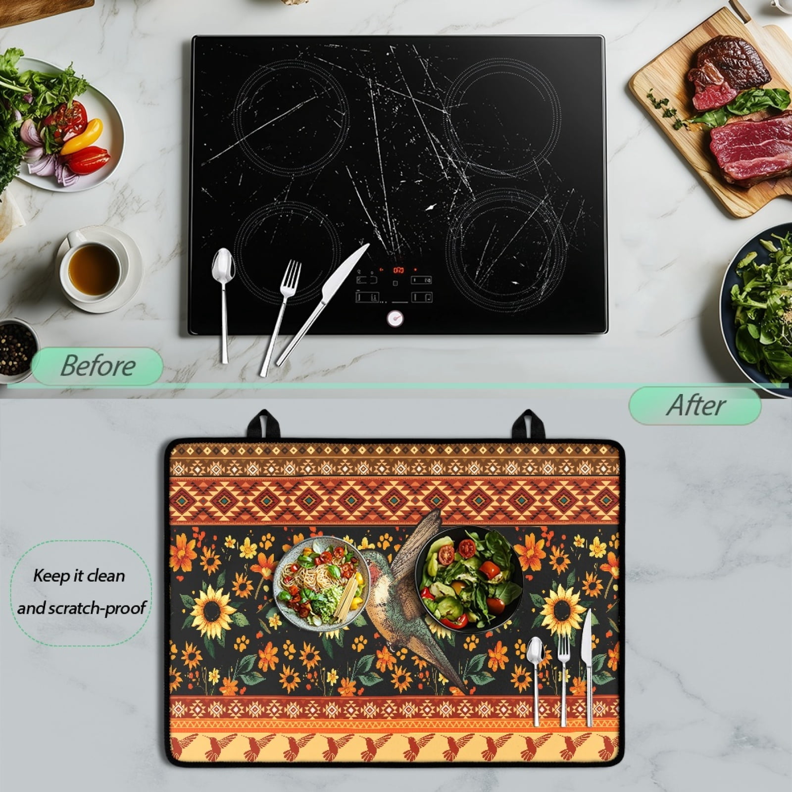 SEANATIVE Glass Top Stove Cover Electric Stove Mat Electric Ceramic Stovetop Cover Oil-proof Washer Dryer Top Protector Scratch Resistant Cooktop Mat, Amercian Tribal Flower Sunflower Hummingbird