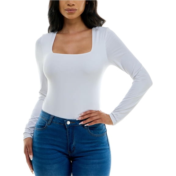 Crave Fame Womens Square Neck Long Sleeve Bodysuit Jumpsuit, Blue, Juniors, Medium