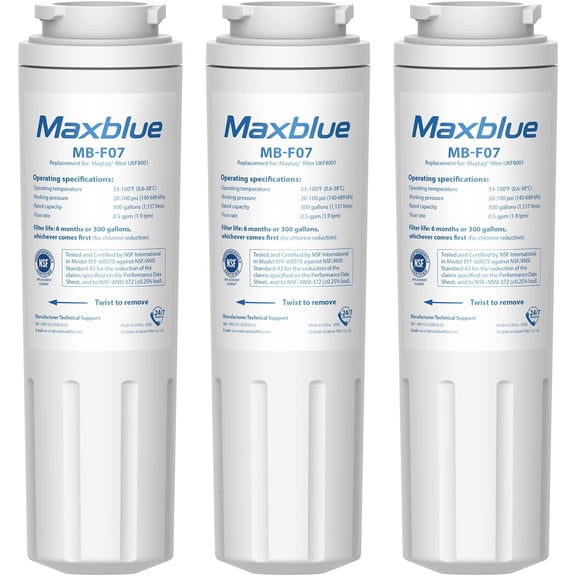 Maxblue UKF8001 Refrigerator Water Filter, Replacement for Maytag UKF8001, EDR4RXD1, EveryDrop® Filter 4, Whirlpool® 4396395, UKF8001AXX-200, Kenmore 469006, 469992, Puriclean II, Pack of 3