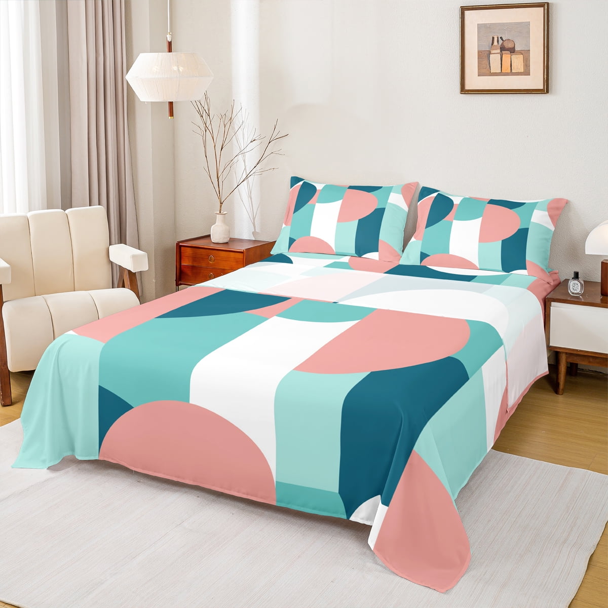 Castle Fairy Teens Girls Boys Abstract Minimalist Geometric Semicircle 4Pcs King Bed Sheets Vintage Aesthetic Super Cozy Sheet Set Super Cozy Room Decor