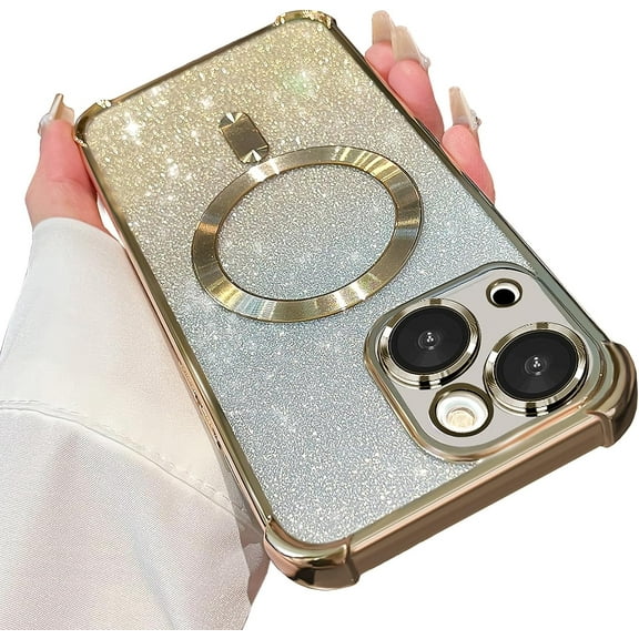 for iPhone 14 Plus Case Compatible with MagSafe, [Shockproof Edge Protection   Lens Edge Raised Protection], Magnetic Glitter Clear case for iPhone 14 Plus Phone Case for Women/Men (Gold)