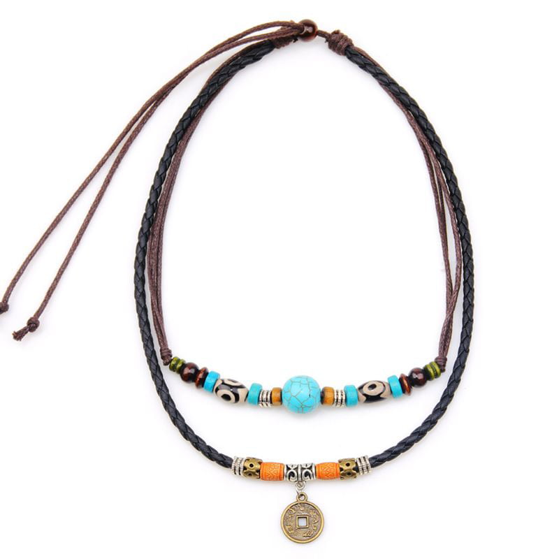 Ancient Tribe Unisex Adjustable Hemp Genuine Leather Necklace Choker Turquoise Bead