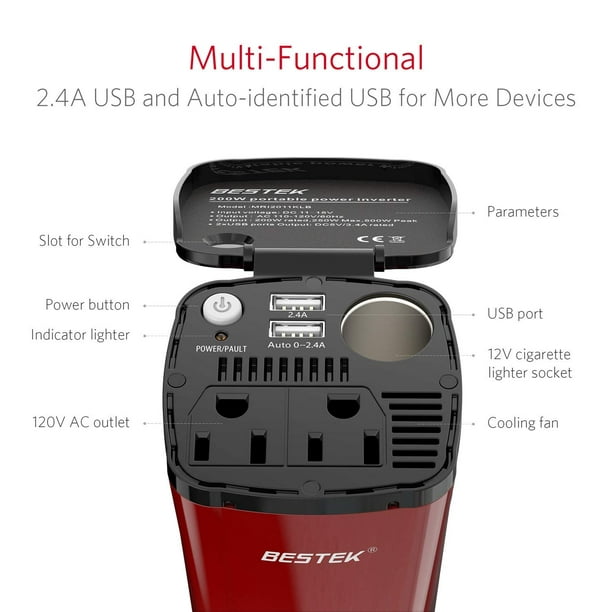 BESTEK 200W Car Power Inverter Onduleur de voiture 4.5A Double USB Ports 2  AC Outlets Adapter avec prise allume-cigare 