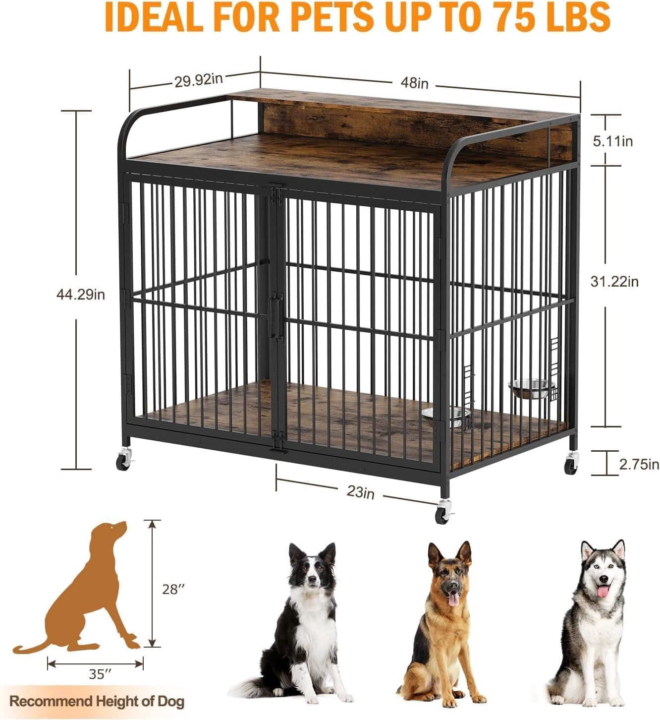 Yeshouse Portable Dog Crate Furniture - Movable Wooden Dog Kennel with Adjustable Feeder and Side Table Function