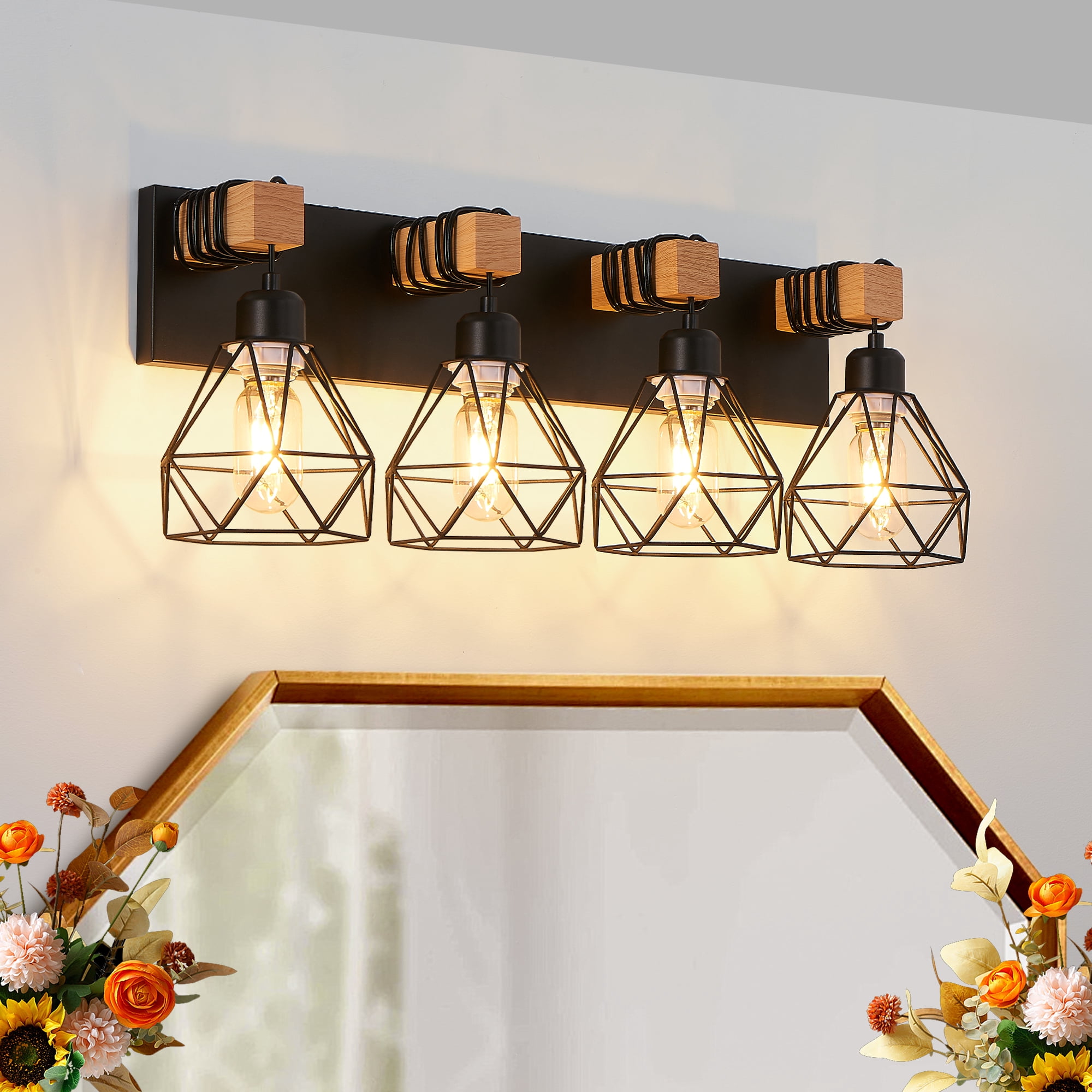 24" Modern Geometric 4-Light Vanity Light Fixture with Black Metal, Wooden Accents and Cage Lampshade for Bathroom, Bedroom, or Living Room (Bulb Not Included)