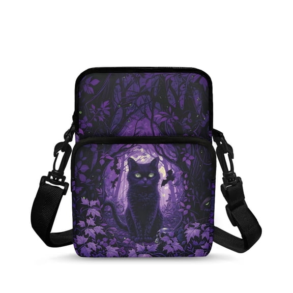 FUIALDOLG Cat and Bat Print Portable Crossbody Purse, Polyester Crossbody Bags Zipper Crossbody Shoulder Bag for Travel School
