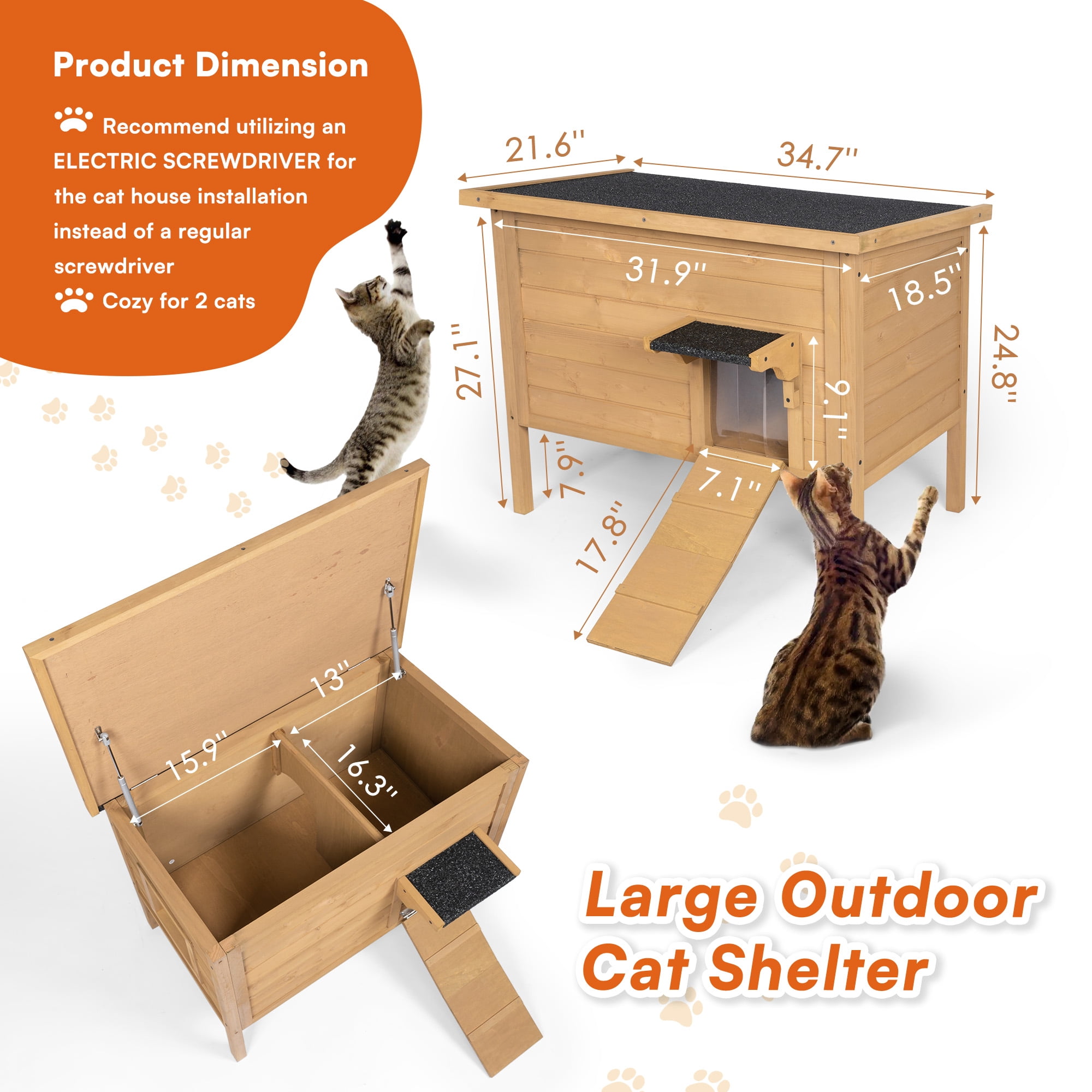 IVY&LANE Outdoor-Cat-House,Insulated-Feral-Cat-Shelter,Weatherproof,for Winter,Foam & Wood,Large,for Multiple Cats,Fold-up Stair,Acrylic Window,Brown