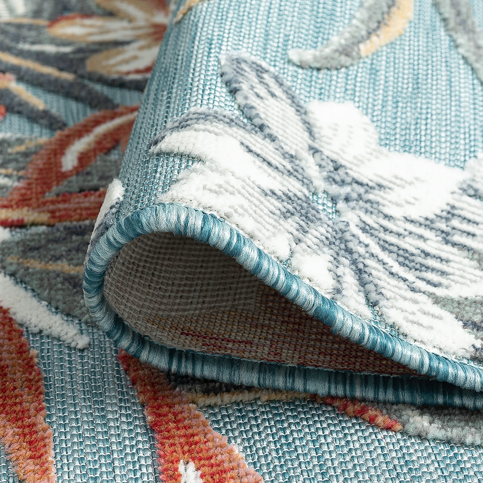 Bliss Rugs Floral Indoor Outdoor Rug Water Resistant Runner Rug for Patio, Hallway, Entryway, Deck, Aqua ,2' x 8'