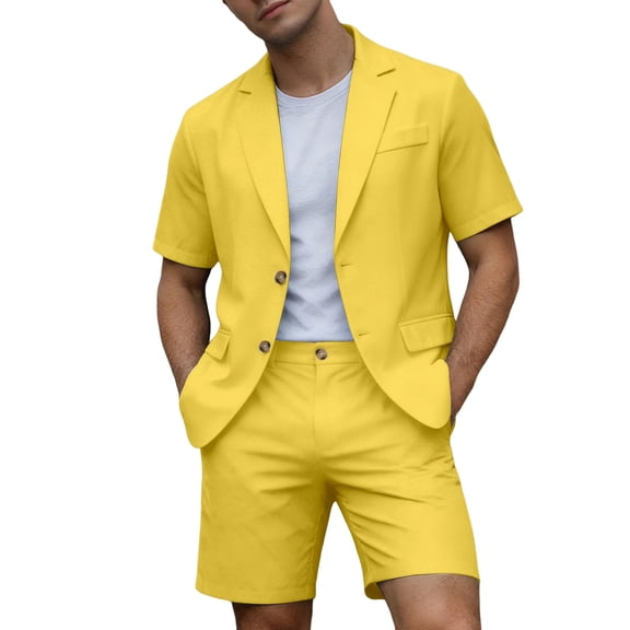 IWRICH Men's Short Sleeve Suit Sets Plain Formal Blazer Jacket and Shorts Wedding Party Business Casual Attire Yellow XL