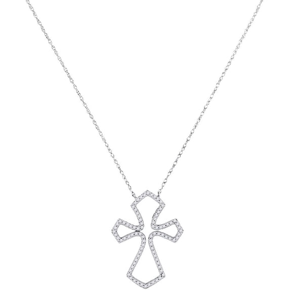 10K White Gold Diamond Flared Cross Pendant Necklace 1/4 Ctw.