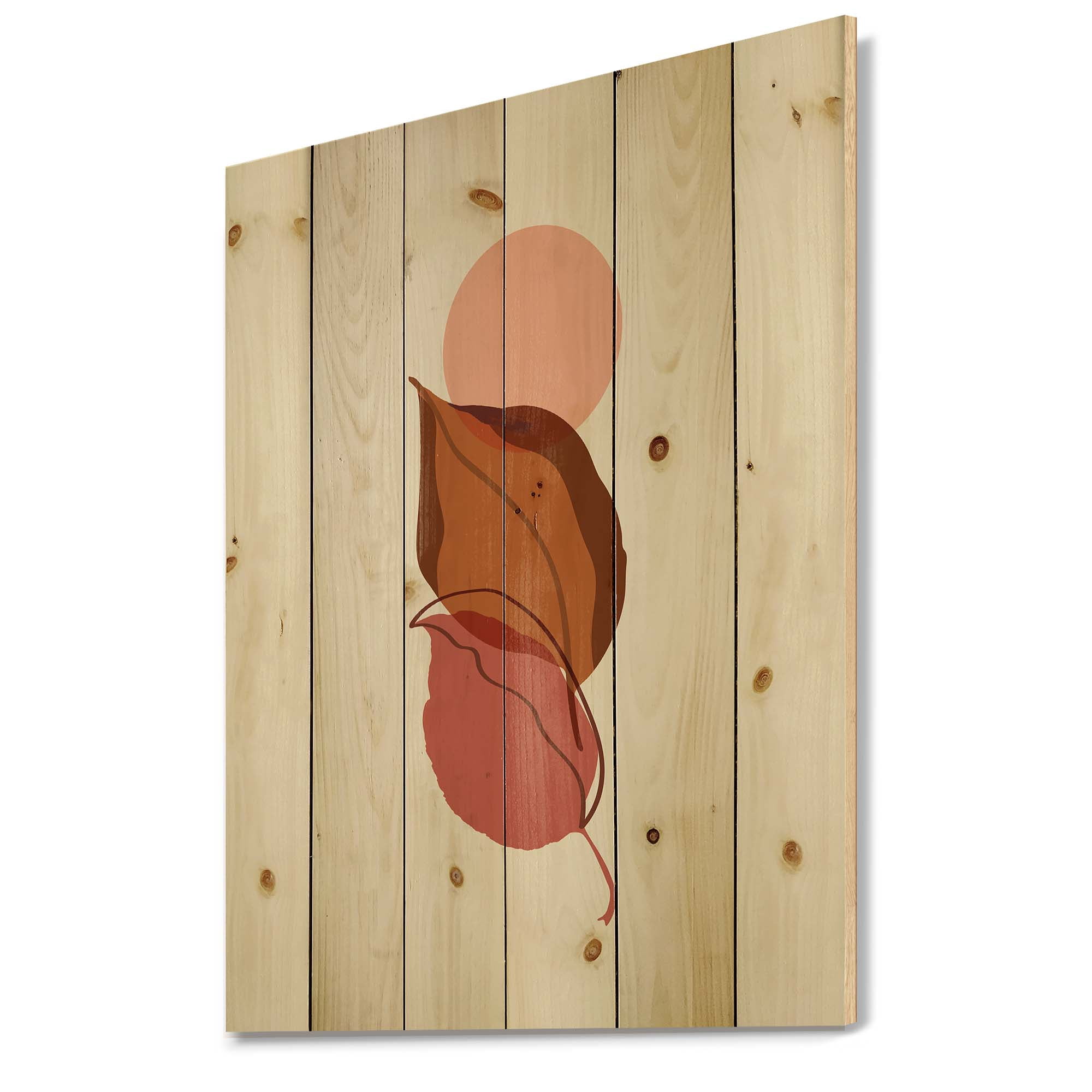 Designart 'A Red Full Moon Over Two Autumn Leaves' Modern Print on Natural Pine Wood