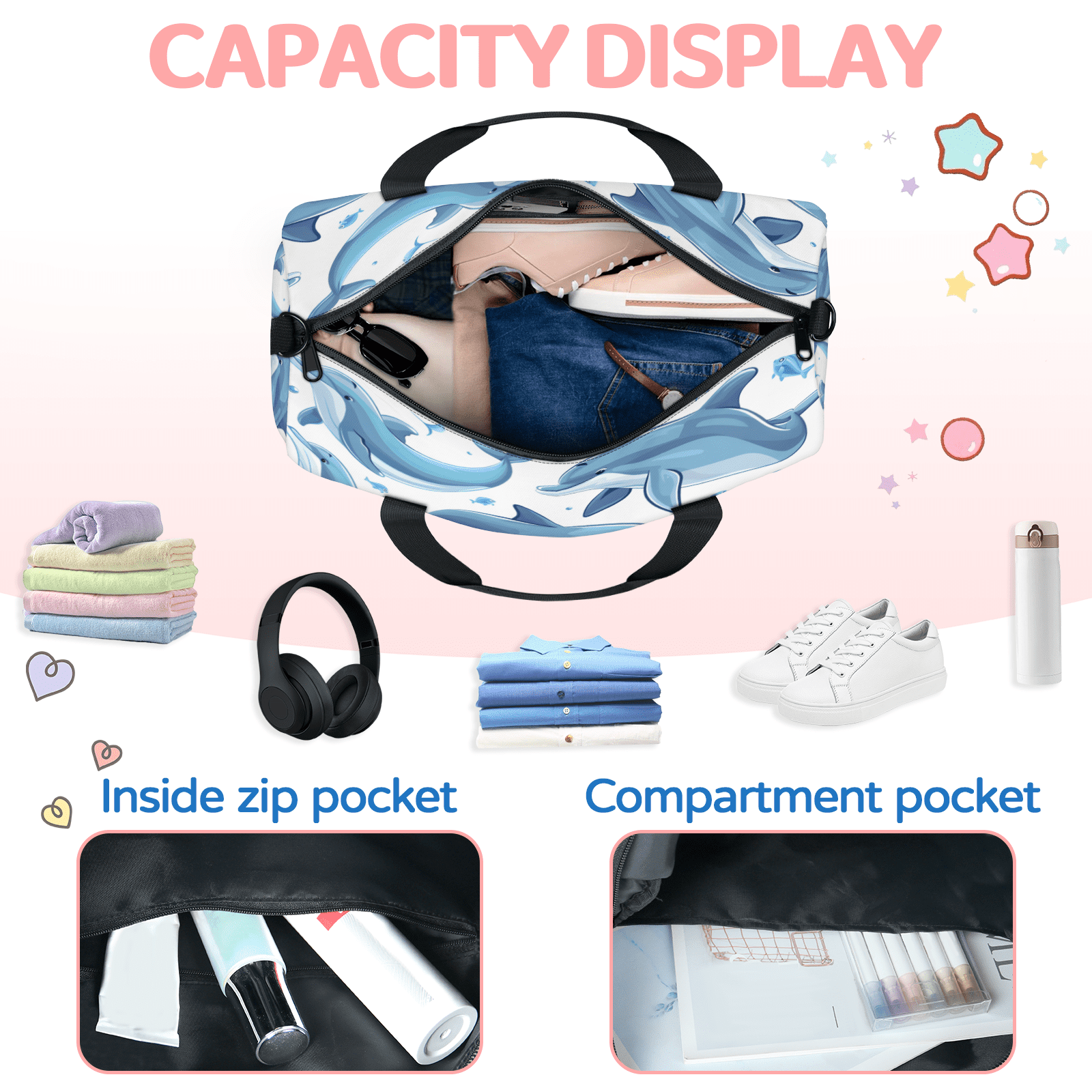 Herdesigns Dolphin Travel Duffle Bag Sports Yoga Weekender Overnight Carry on Workout Bags Lightweight Waterproof Gym Tote Bag for Women Animal Fish