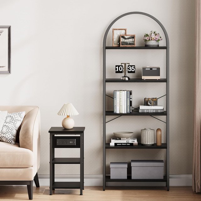 5 Tier Bookshelf, Arched Metal Frame Bookcase with Wood Shelf, Tall Standing Storage Rack