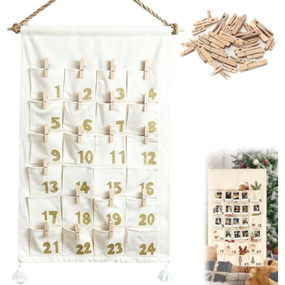 Christmas Advent Calendar, Advent Calendar Photo Holder, CalendarBoard for Pictures - Instant Photo Hanging Display, Reusable Christmas Countdo (A)