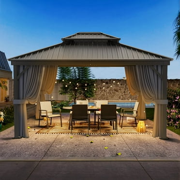 GVDV 10'x12' Hardtop Gazebo, Outdoor Steel Double Galvanized Roof Canopy, Aluminum Frame Pavilion with Curtains and Nettings
