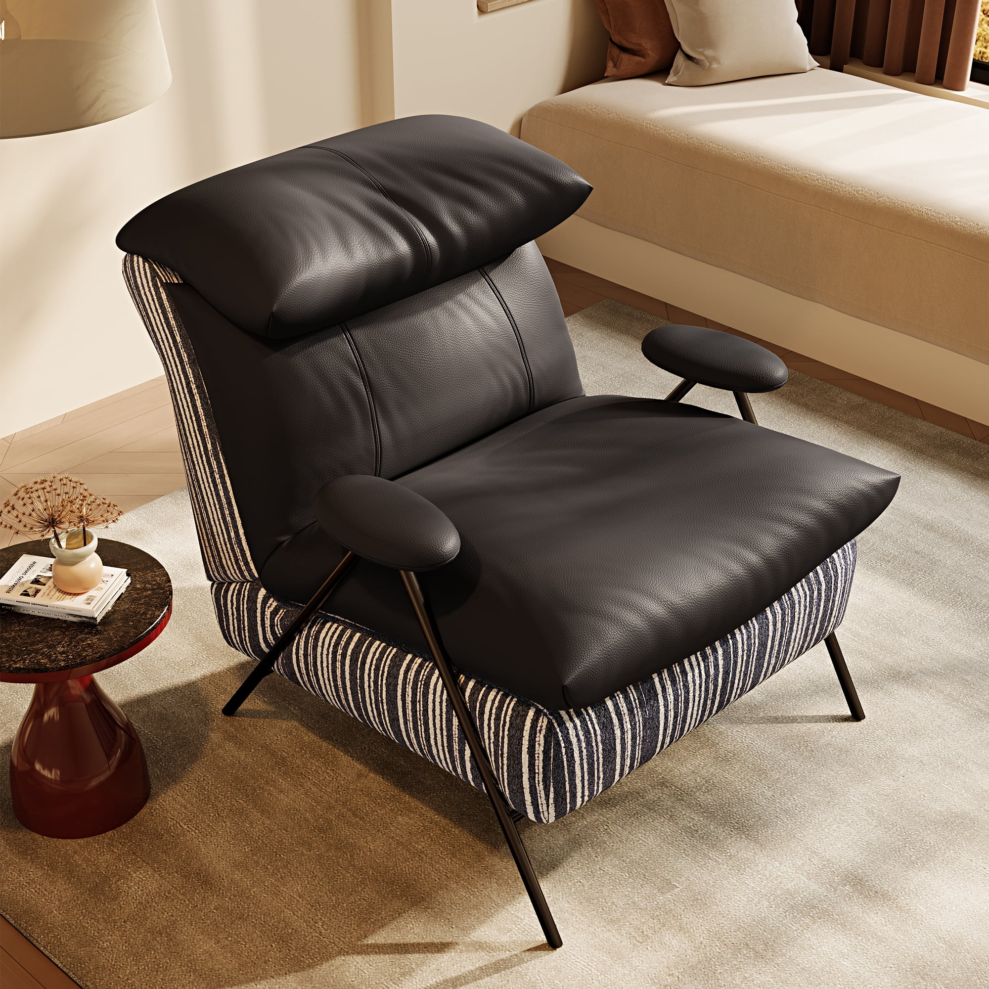 Howcool Modern Upholstered Accent Chair,Armchair with Wide Cushioned Seat,Ergonomic Lounge Chair with Solid Wood Frame for Living Room,Bedroom,Black