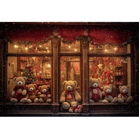 Image of Christmas Photography Background Teddy Bear Gift Shop Showcase Portrait Photocall Snowy Window ration Photo Studio