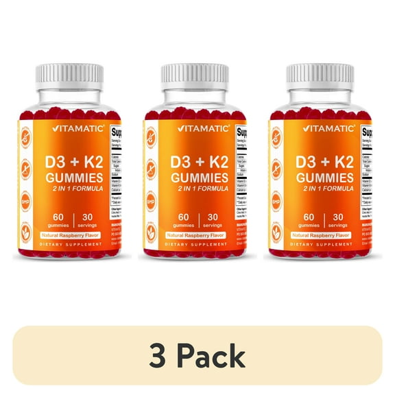(3 pack) Vitamatic Vitamin D3 K2 Gummies - 60 Count - Supports Healthy Bone, Heart & Calcium Absorption, & Immune Health - Plant Based, Non-GMO, Gluten Free