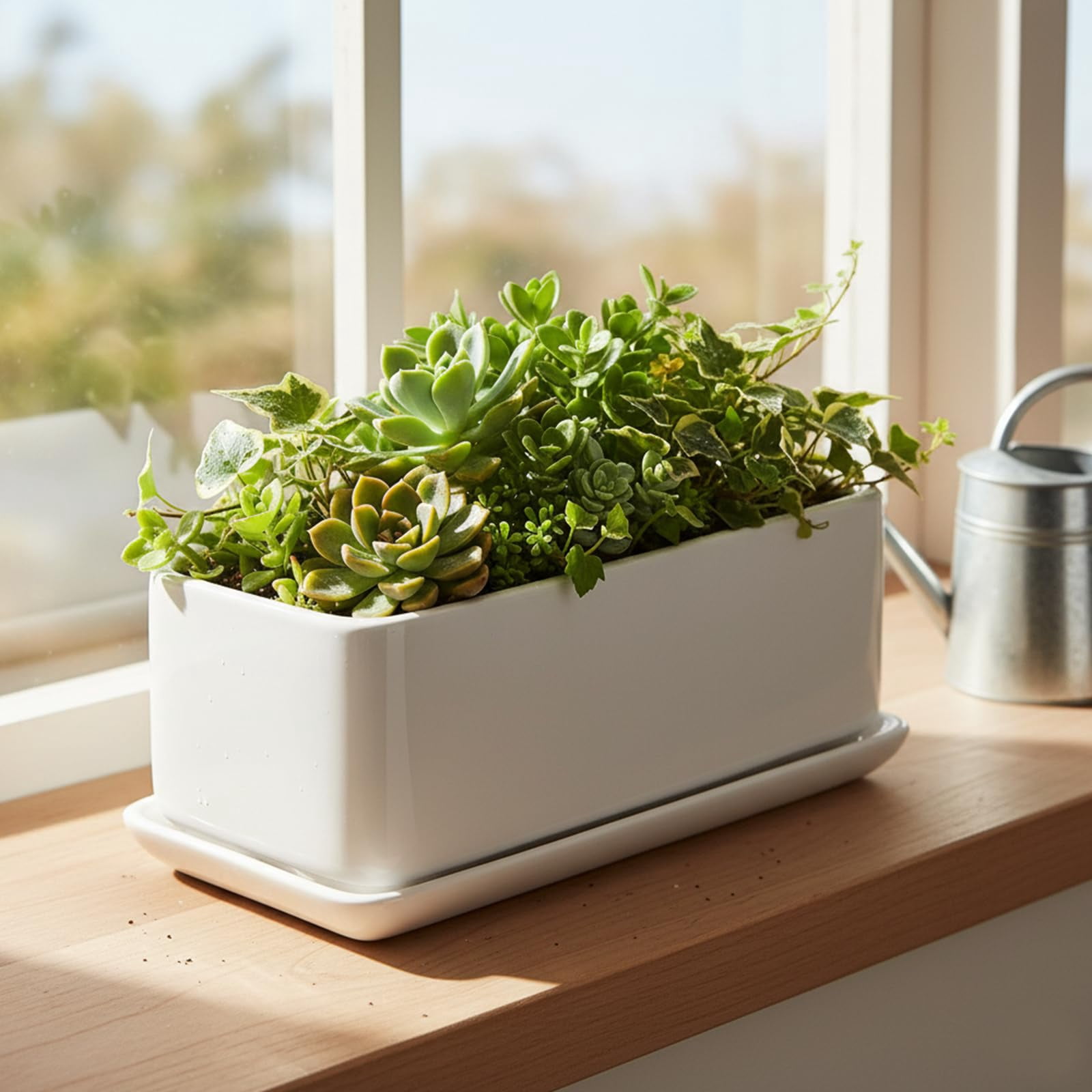 14 Inch Ceramic Indoor Plant Pot with Drainage Hole, Rectangular Succulent Planter Window Box with Removable Saucer, Matte White Finish