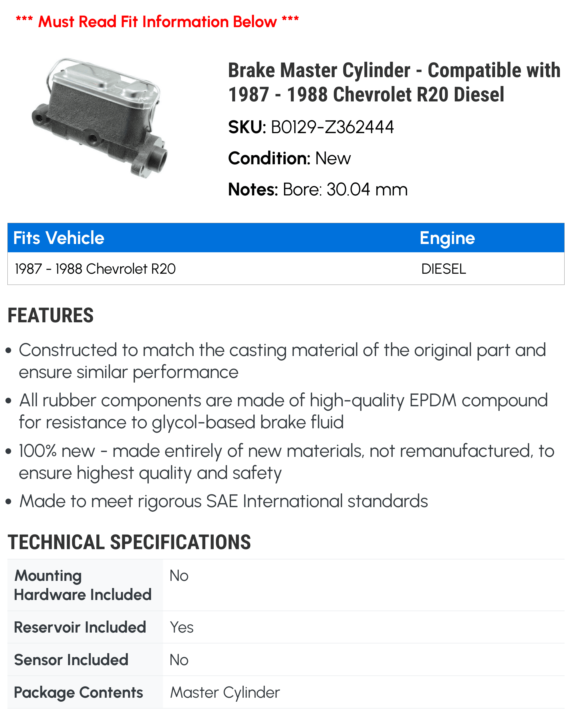 Brake Master Cylinder - Compatible with 1987 - 1988 Chevrolet R20 Diesel - Dorman