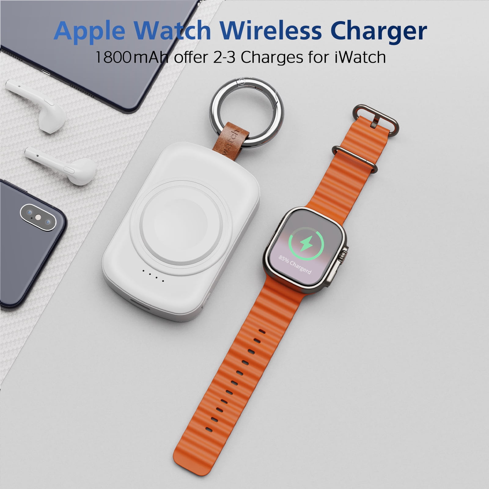 MYXON 1800mAh Portable Wireless Watch Charger for Apple Watch, Keychain Design, Type-C Cable, USB Powered