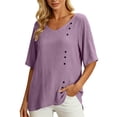 thumbnail image 2 of Yrmaups Loose Fit Short Sleeve T Shirt for Women, Casual V Neck Blouse, Soft Stretch Button Down Tee for Beach Travel Office Daily Wear, Purple 2XL, 2 of 8