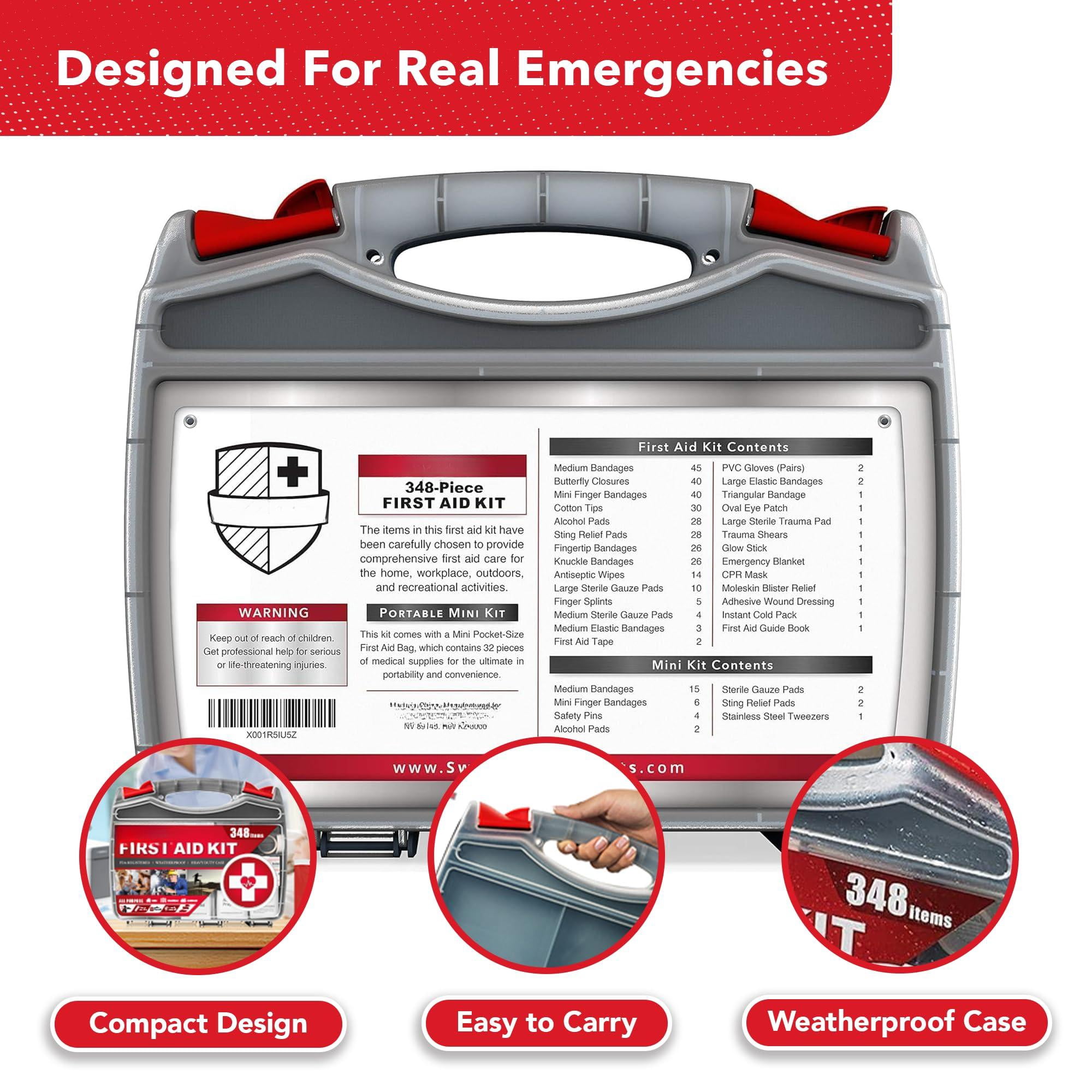 2-in-1 First Aid Kit For Car  Travel & Home Businesses - Bonus Mini Emergency Camping Fsa Hsa Eligible 348 Large Hardcase Fak