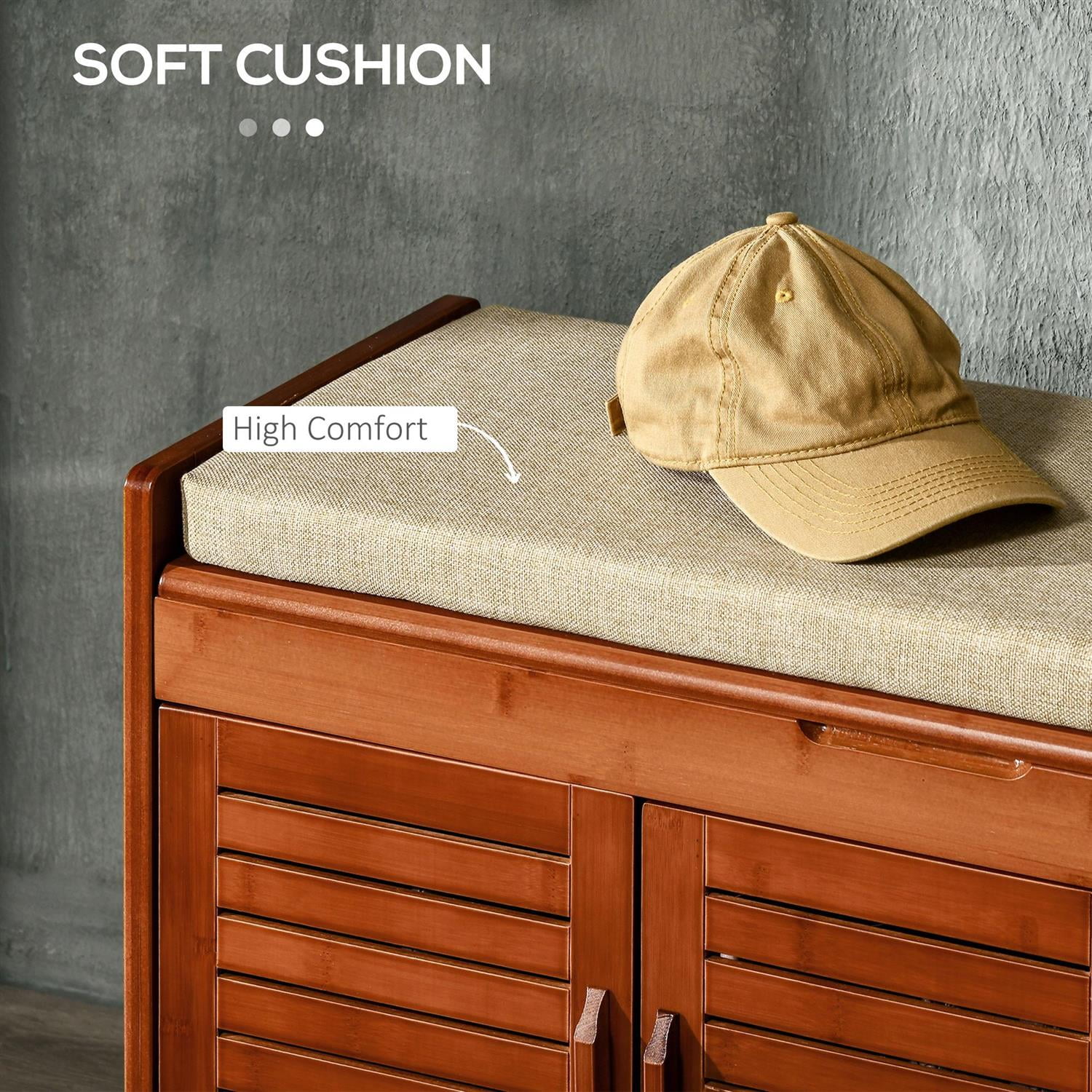 Demi Bonn 35" Bamboo Material Shoe Storage Bench with 3 Doors & Hidden Compartment, Seating Cushion, Entryway Seating, Shoe Organizer for Hallway, Brown