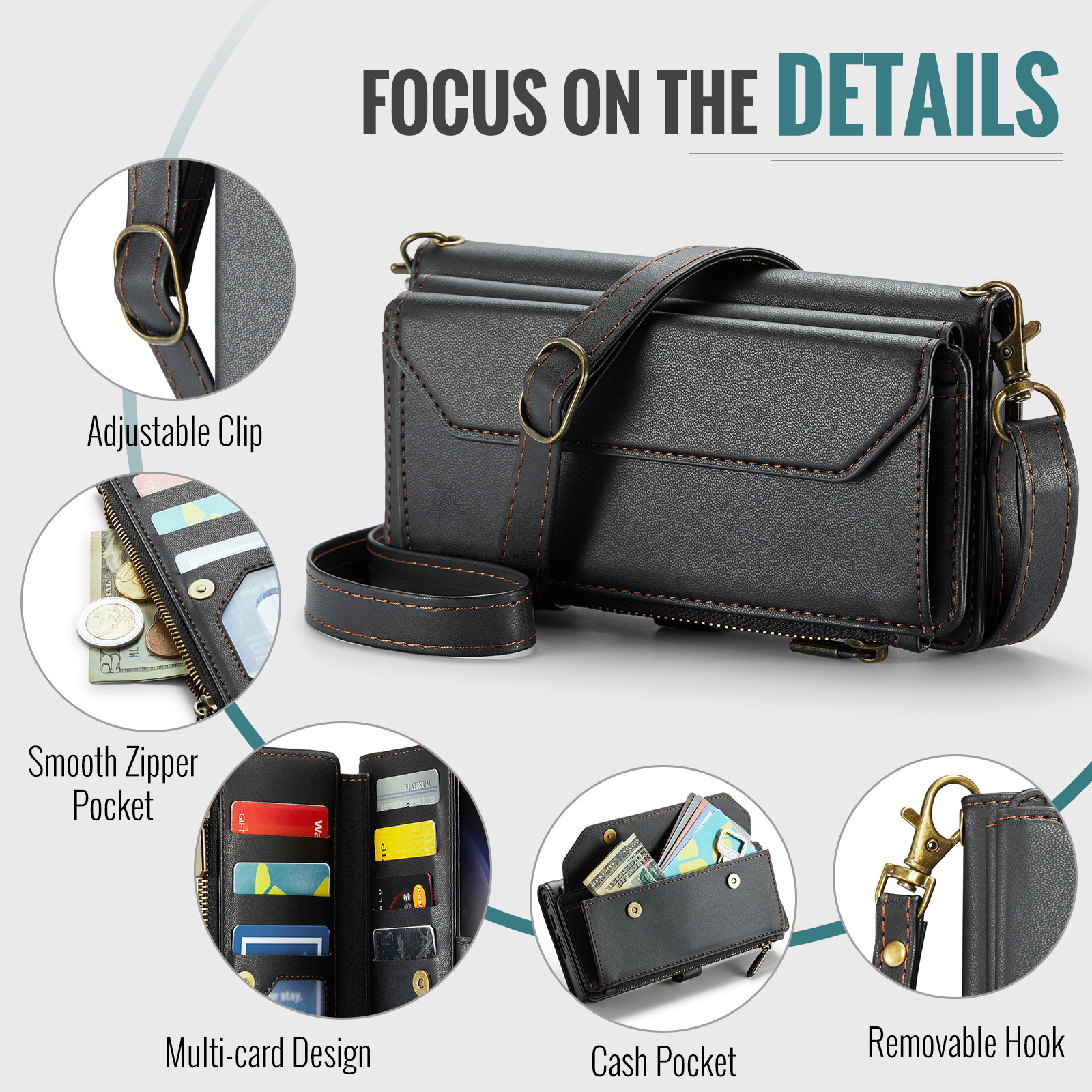 Compatible with Samsung Galaxy S23 Ultra 5G Zipper Wallet Phone Case Tempered Glass Screen Protector Crossbody Lanyard Strap Flip Card Holder Slot Cell Cover for S23Ultra 23S S 23 6.8 Women Black