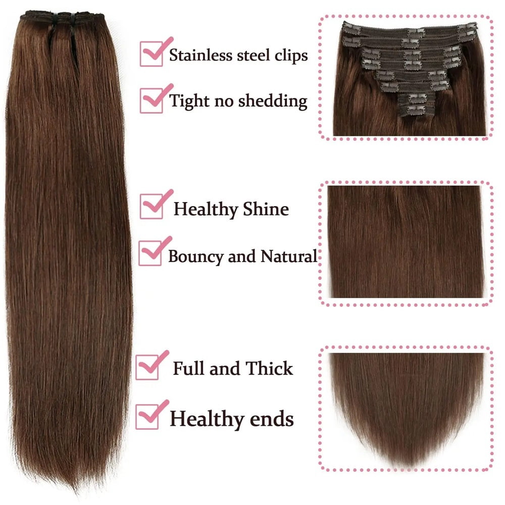 Chocolate Brown Extensions Clip in #4 Real Human Straight Real Hair Extensions