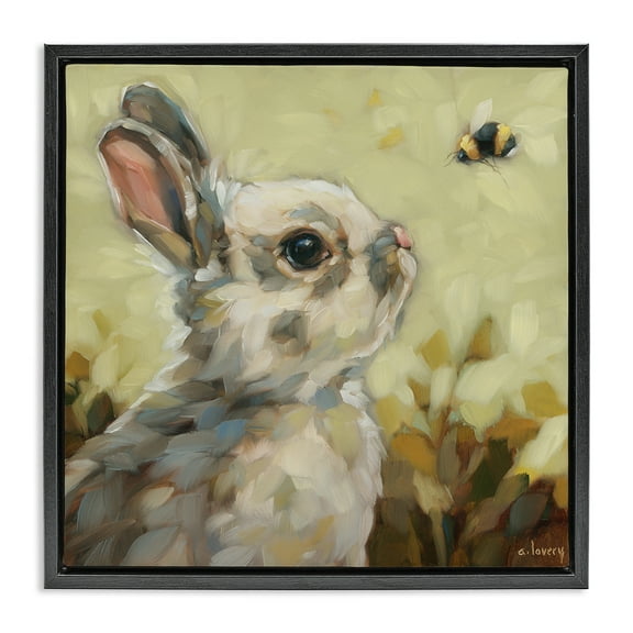Stupell Industries Bunny Eyeing Bumble Bee Animals Painting Black Floater Framed Canvas Art Print Wall Art, 18 x 18