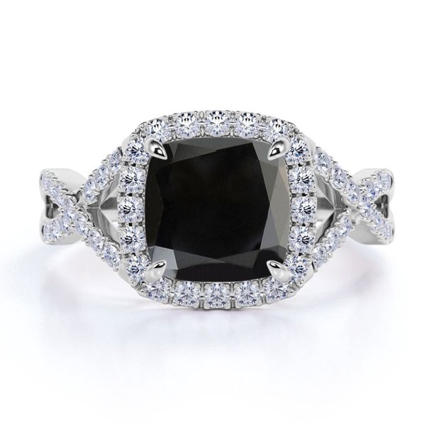 JeenMata Anillo de Compromiso con Halo de 4 Puntas de Moissanita y Diamantes Negros Lab. Corte Cojín 1,2 TCW Pavé Cruzado Baño Oro Blanco 18 K sobre Plata