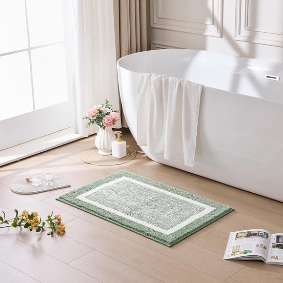 Bath mats for Bathroom Non Slip, Fluffy Absorbent Microfiber Bath mat Washable, Aesthetic Bathroom Rugs, Large Sage Green Bath mat, Sage Green, 36" x 24"