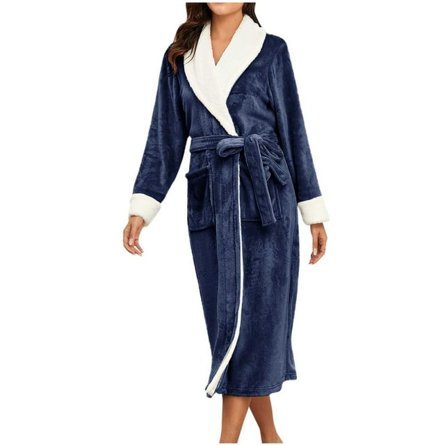 Penkiiy Womens Plush Soft Robe Warm Fleece Shawl Collar Bathrobe Fluffy Long Robes with Pockets 2XL Navy