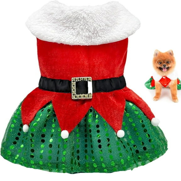 Tutuviw Christmas Dog Dress Costume Velvet Dresses Puppy Winter Cold Weather Cat Coat Sparkly Sequin Clothes Xmas Holiday Outfit Kitty Clothing Red Skirt Apparel Cute Skirt for Dogs Cats Girl (L)