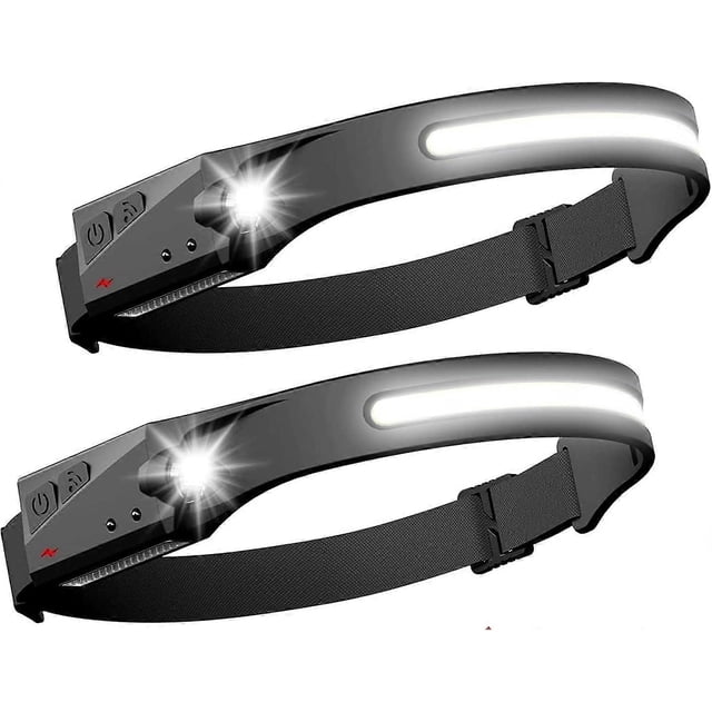 2 Pack LED Headlamp Sensor Headlight Powerful Head Torch COB XPE 5 Modes USB Rechargeable Waterproof Running Light, Camping, Reading, Hiking, Cycling