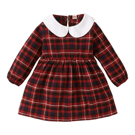 

NZRVAWS Baby Girls Dress Plaid Print Doll Collar Long Sleeve Dress 1PCS Sun Dress 6-9 Months Red