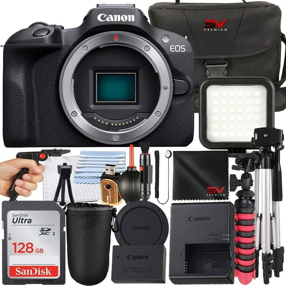 Canon EOS R100 Mirrorless Camera (Body Only) with SanDisk 128GB Memory Card   Case   Tripod   SV Premium Accessory Bundle (International Version)