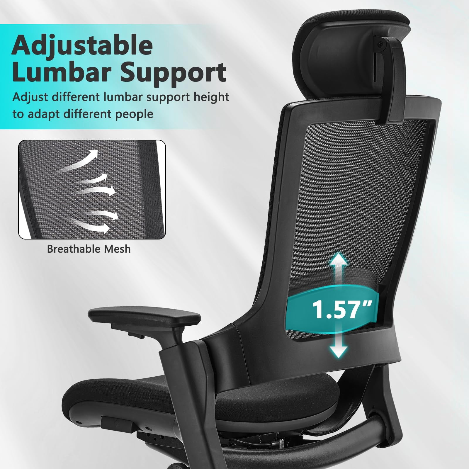 CLATINA Ergonomic High Swivel Executive Chair with Adjustable Height Head 3D Arm Rest Lumbar Support and Upholstered Back for Home Office Black Mesh/High Back