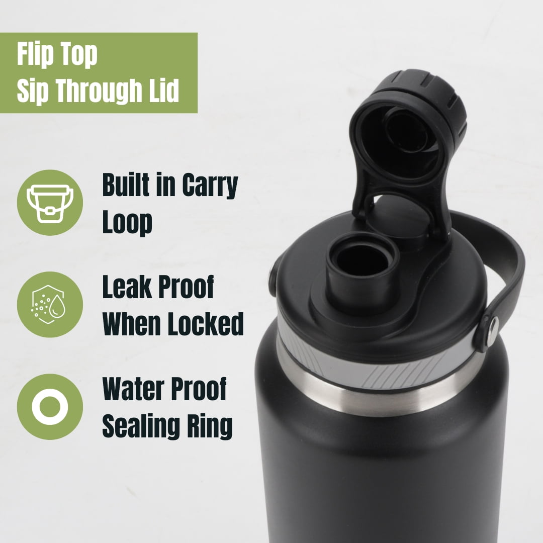 Ozizo Thermos for Water, 1 Liter Insulated Stainless Steel Bottle with Flip Top Lid, Leakproof Double Wall (2 Bottles)