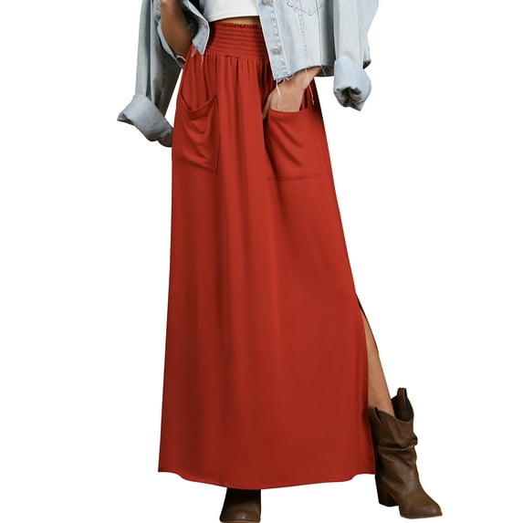 Doublju Women's Smocking Waist Detailed Maxi Slit Skirt With Pocket
