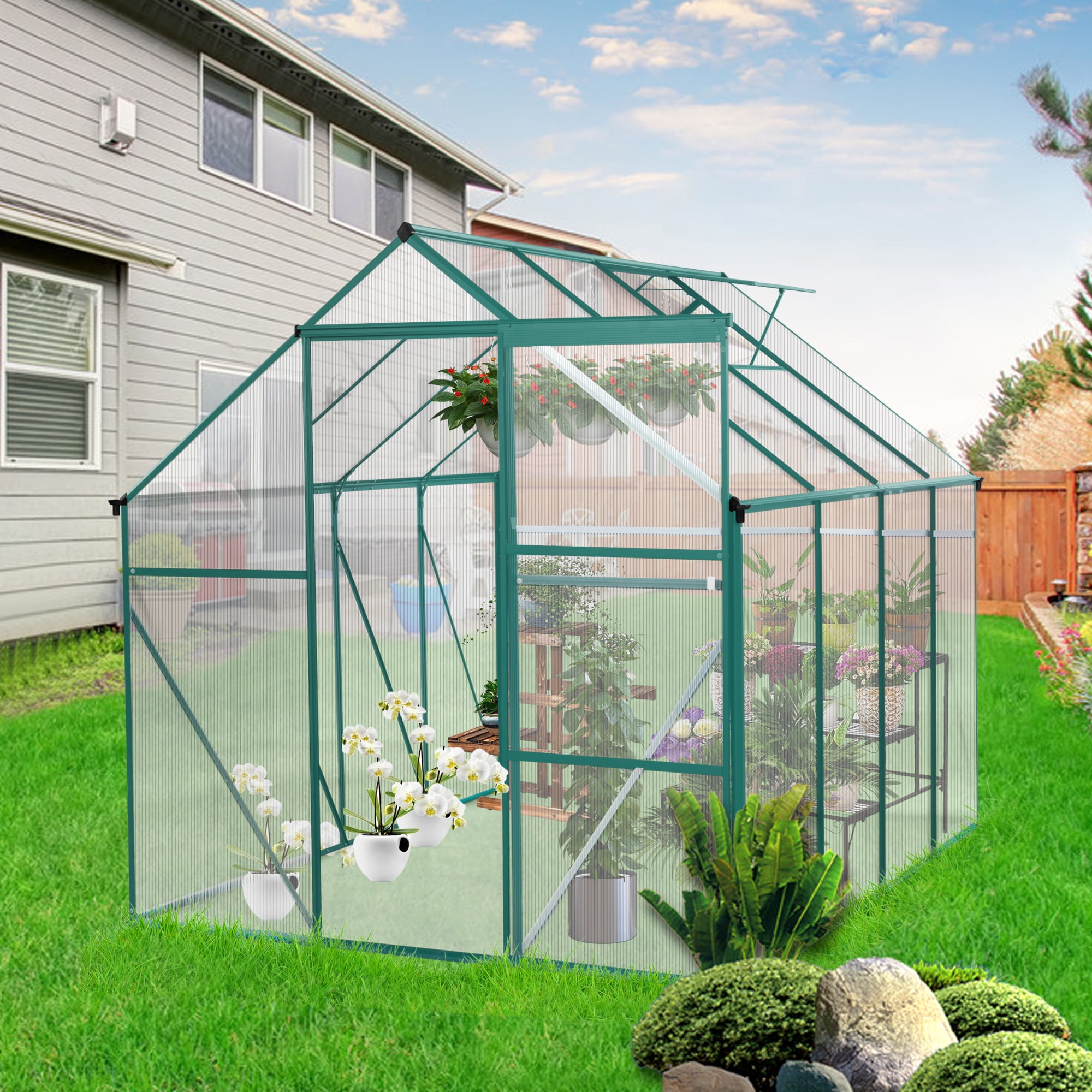 Roninkier 6x8 ft Walk-in Polycarbonate Greenhouse with Aluminum Fram for Backyard in All Season，Green