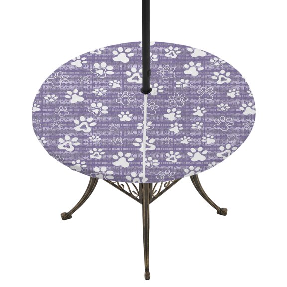 Round Outdoor Tablecloth with Umbrella Hole and Zipper, Purple Dog Paw Tablecloth with Elastic Waterproof, Modern Geometric Abstract Aesthetics Patio Table Covers for 45" - 54" Picnic Pool Tables