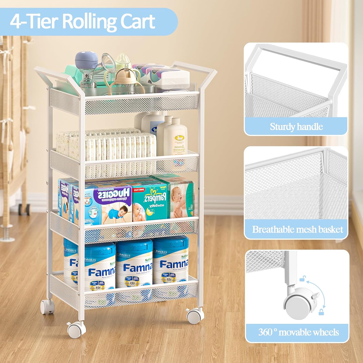 Baby Diaper Caddy Cart, 4-Tier Diaper Caddy Organizer and Storage, Rolling Utility Cart for Baby Supplies, Diaper Cart with Wheels for Bedroom, Nursery, Changing Table, White
