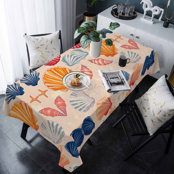 Orange Blue Pink Coastal Tablecloth Rectangle Table Cloths 54x108 , Waterproof Tablecloth Outdoor Table Cloth, Summer Nautical Shell Beach Washable Table Cover for Kitchen Dining Party