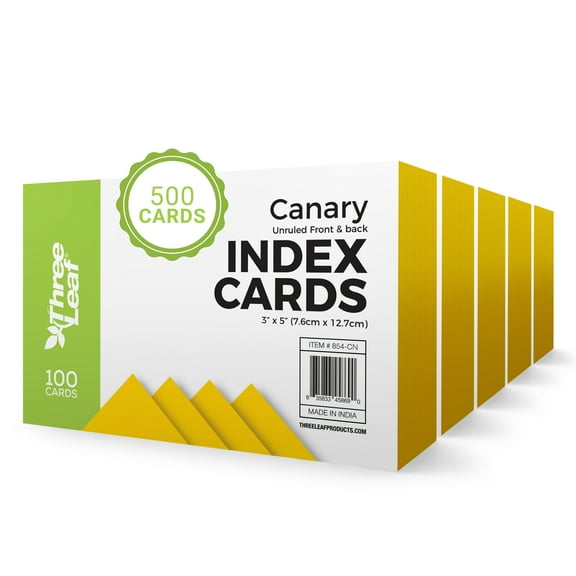 THREE LEAF 3 X 5, INDEX CARDS UNRULED, 500 CT. (100 x 5) CANARY, Blank Flash Cards, Study Card, Memo Pad, For To-Do List, Art And Craft Projects